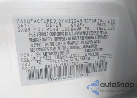 2019 Nissan Sentra S z USA, uszkodzony, nr VIN 3N1AB7APXKY303625